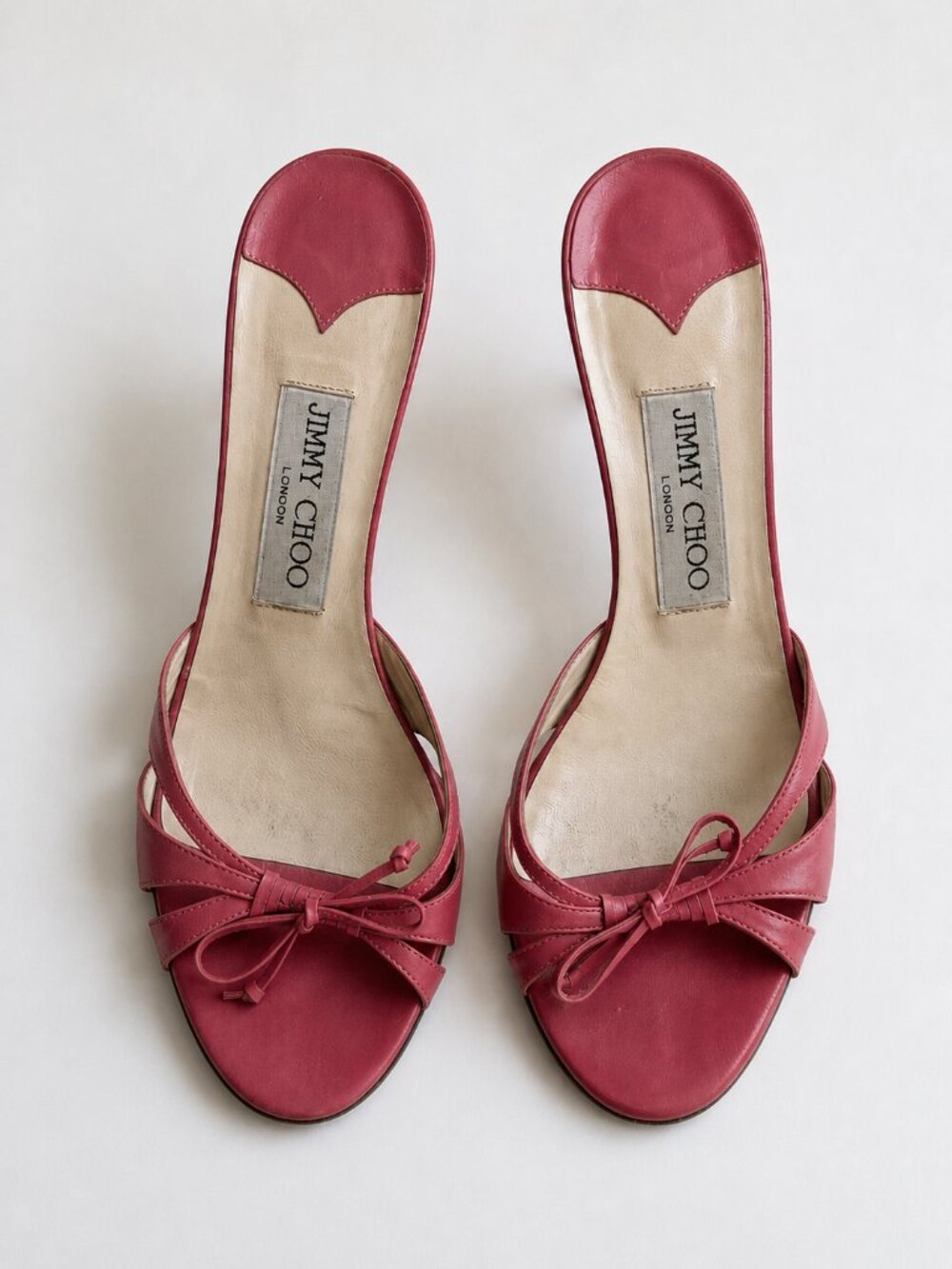 Vintage 2000s Jimmy Choo open toe sandal kitten heel Raspberry Pink Leather Bow